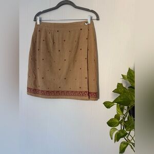 Vintage Y2K Corduroy Tan Red Embroidered Cherry Blossom Floral Short Skirt 10